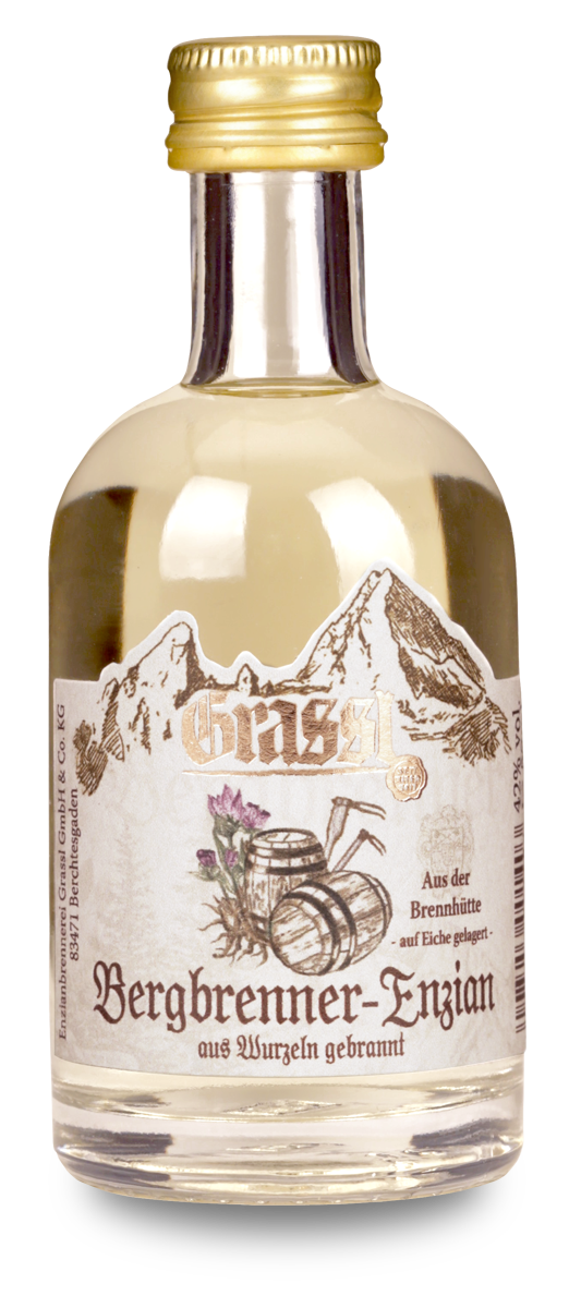 Eine Flasche Bergbrenner Enzian in der Größe 0,05 Liter