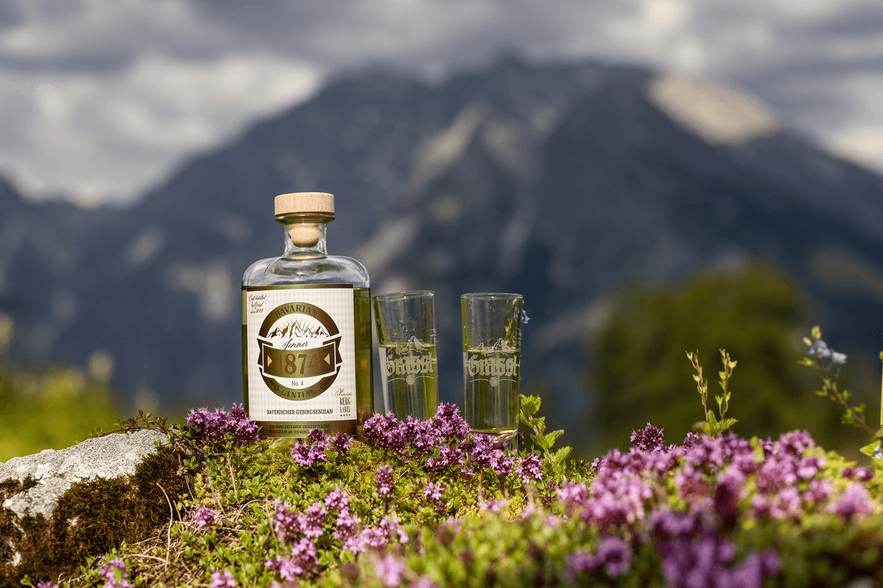 Jenner Gentian mit zwei gefüllten Stamperl. Im Vordergrund ist eine Blumenwiese und im Hintergrund die Berchtesgadener Berge.