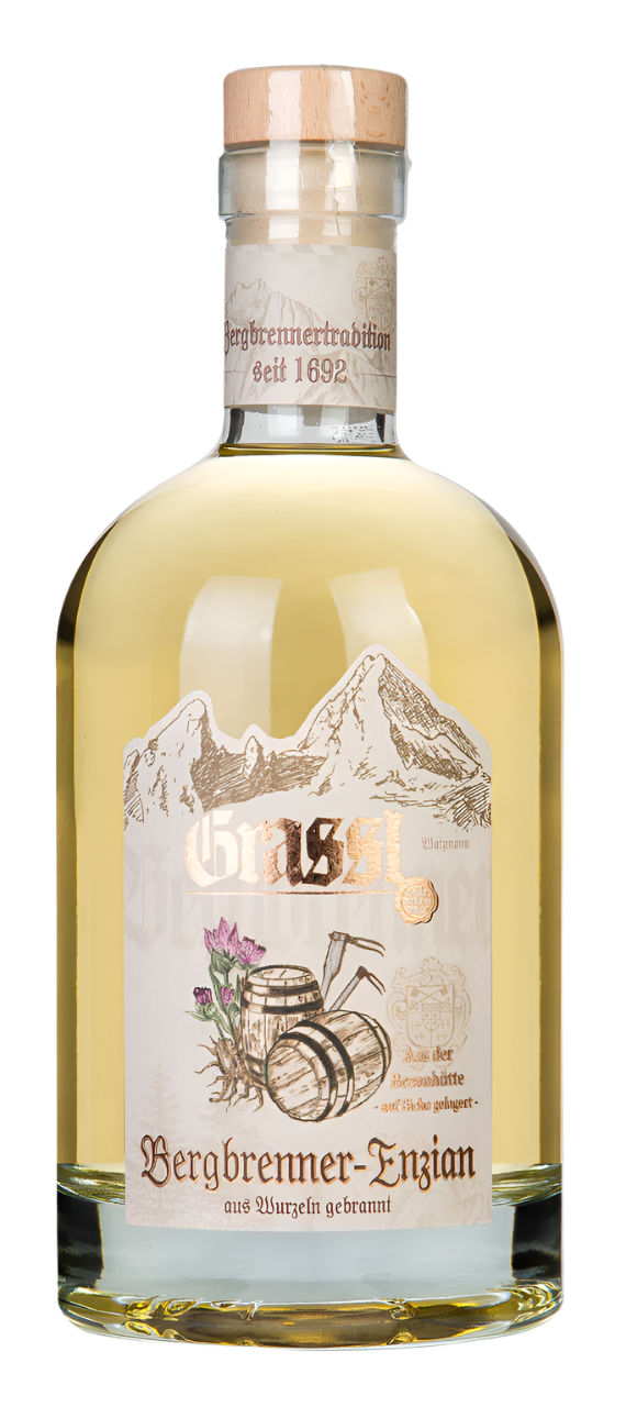 Eine Flasche 0,7 Liter Bergbrenner Enzian.