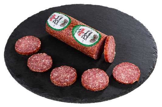 Zirben Salami Aufgeschnitten auf Schieferplatte